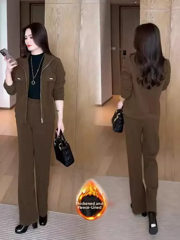 Fashionable Fleece Lined Casual Sports Set Women's Winter 2025 New Style Stand Collar Short Jacket Wide Leg Pants Two Piece Set