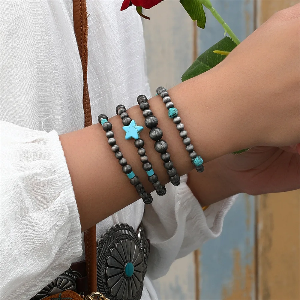 

Western denim style beaded jewelry wholesale ethnic style handmade beaded multi-layer stacked star turquoise bracelet set