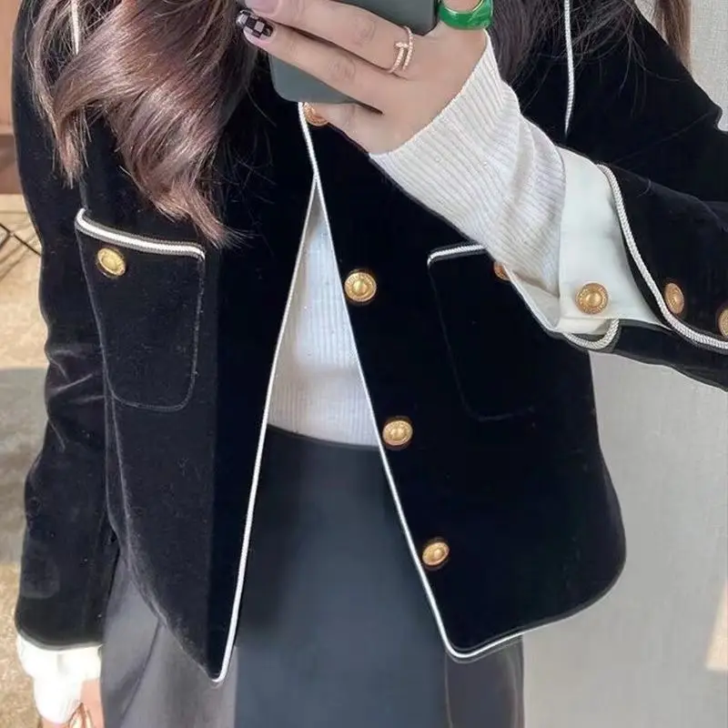 Spring Autumn New Leisure Fashion Temperament Women\'s Velvet Suit Coat 2023 Black Blazers