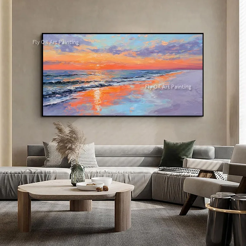 Large Orange Blue Knife Thick Canvas Seascape Oil Painting Hand Painted Sunset Beach Artwork Ocean Home Decor Items