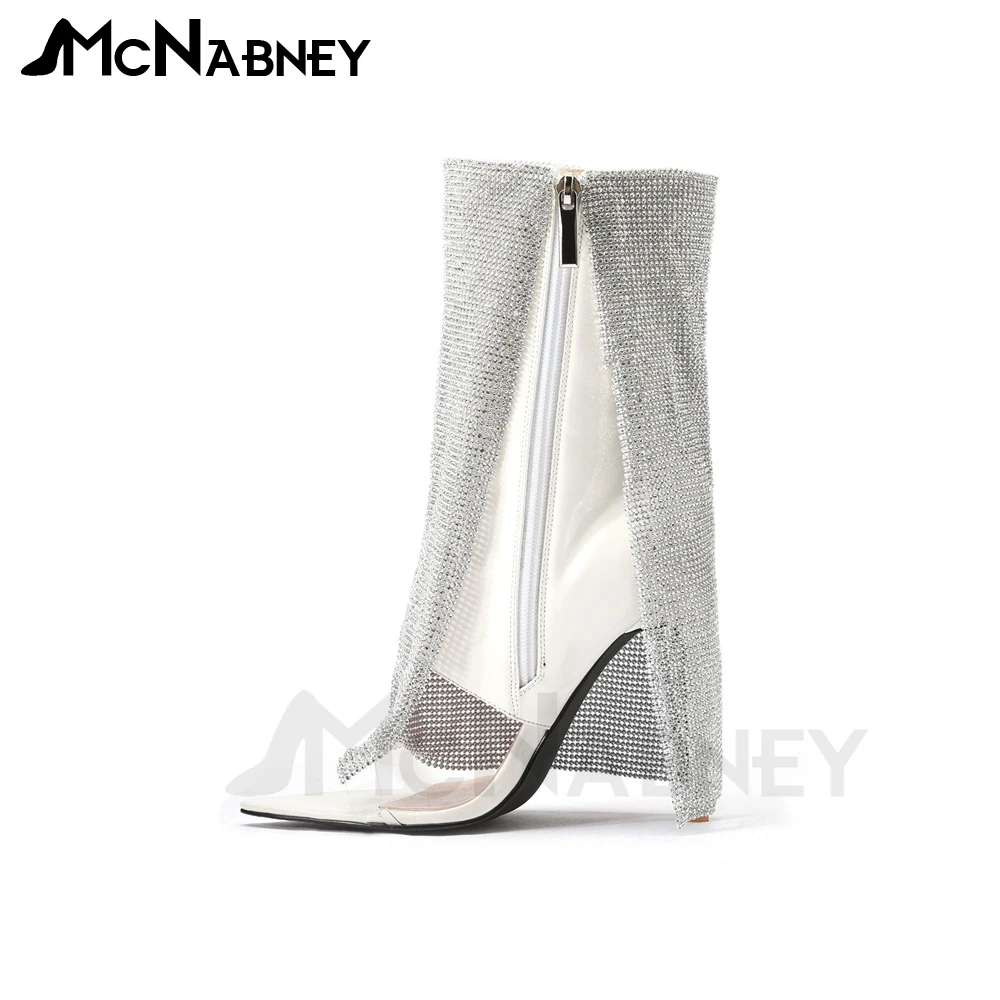 Pointed Toe Rhinestone Sandal Boots Open Toe Stiletto Zipper Boots Fashion Bling Bling Summer Shoes Luxurious Design for Ladies