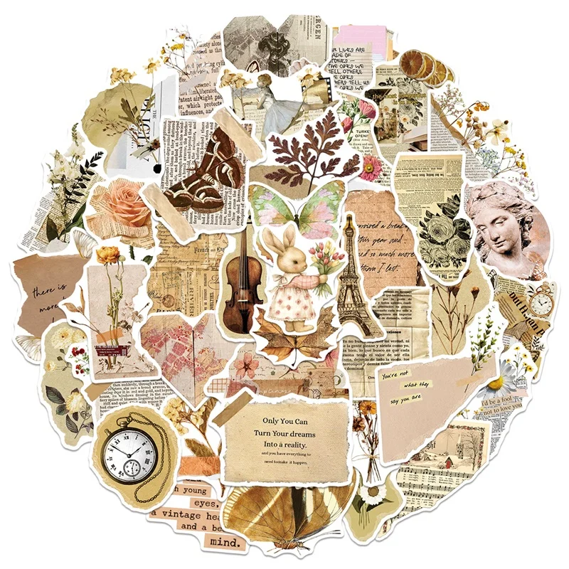 10/30/50PCS Vintage Newspaper PVC Sticky Sticker Aesthetic DIY Decoration Scrapbooking Phone Hand Accounting Supplies