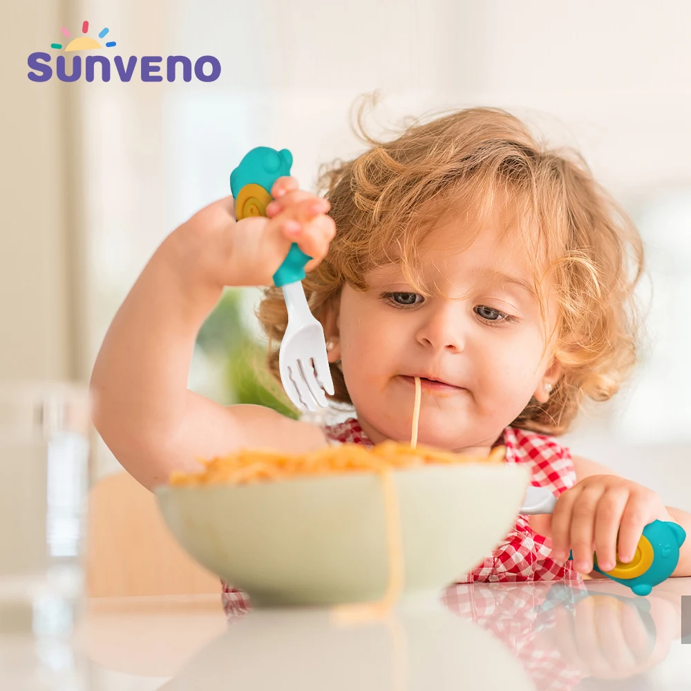 Sunveno-Juego de cuchara y tenedor para bebé, juego de utensilios de comida auxiliar para niños pequeños, aprender a comer, entrenamiento, tenedores