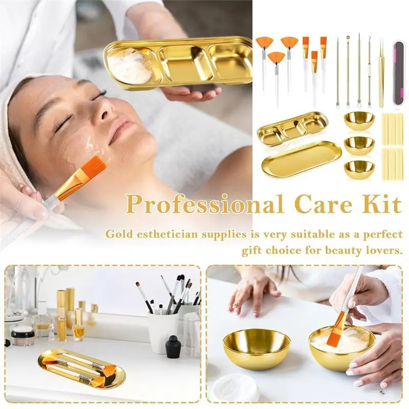 B62B 29 Pcs Esthetician Supplies Set - Gold Facial Bowls, Blackhead Removal Tools, Makeup Brushes, Sponge Bars for Spa