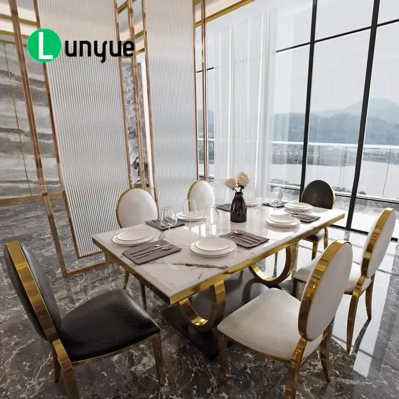 Italian Style Marble Top Dining Table and Chair Set Stainless Steel Frame European Design Modern Furniture for Home Kitchen