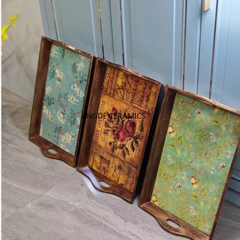 1pc American Style Countryside Tray Household Cup Tray Living Room Fruit Platter, Rectangular Tea Tray, Home Accessories