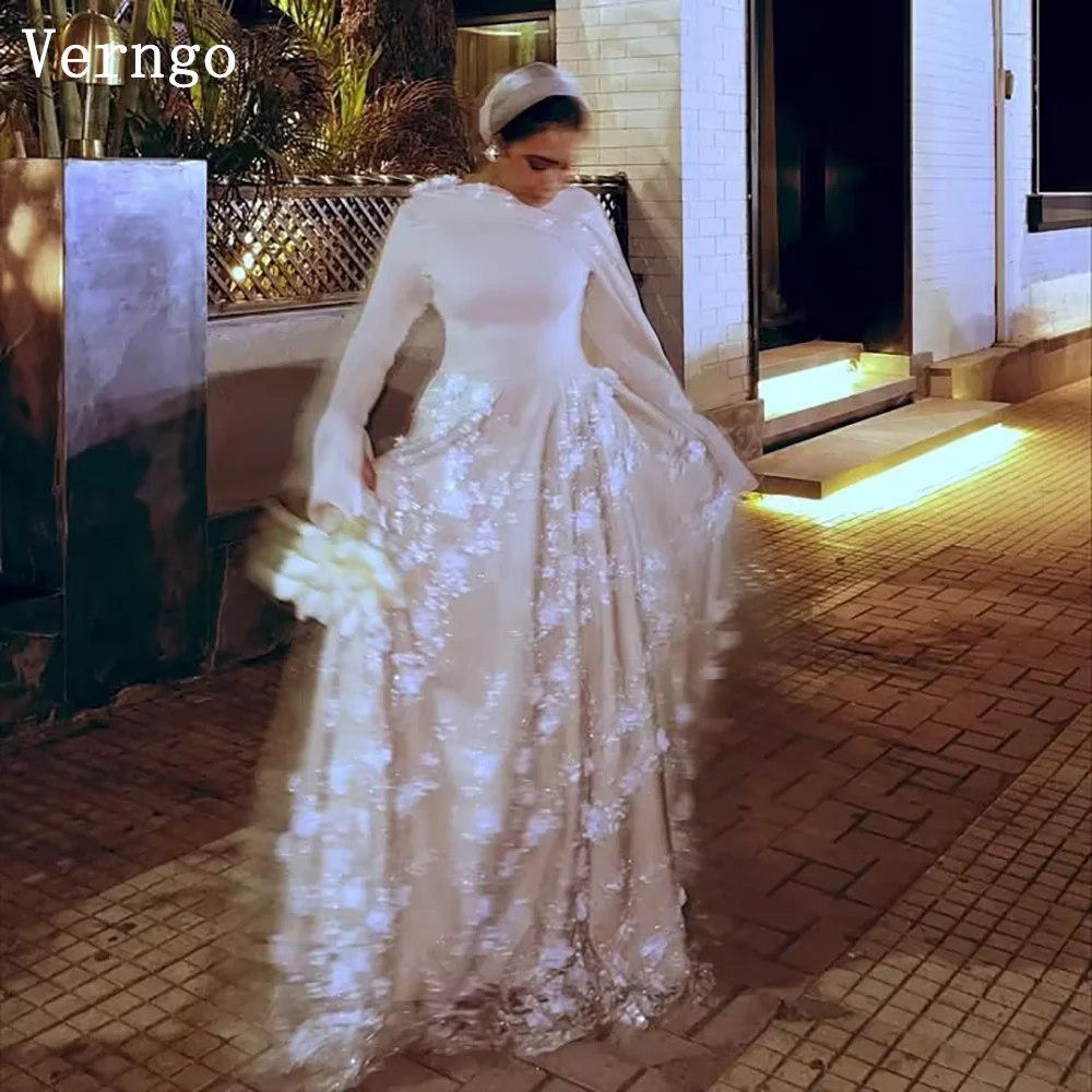 

Verngo Appliques Prom Gowns O Neck Full Sleeves Maxi Luxury Women's Turkish Evening Dresses A Line Evening Gowns Customized