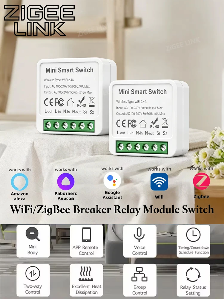 WIFI/ZigBee Smart Mini Smart Light Switch 2-wegbediening Breaker Relay 16A Smart Life APP Spraakbesturing voor Tuya Alexa Google - afbeelding 2