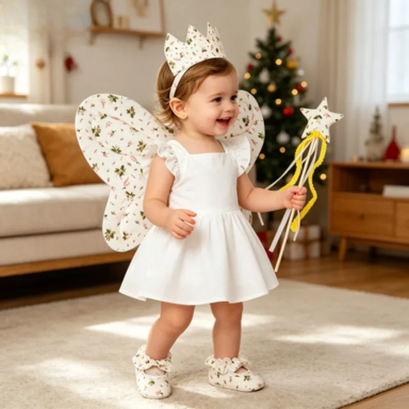 

Three-piece Set with Floral Printed Wings, Kids' Stage Performance Accessory, Princess Style Decor for Birthday Photoshoots