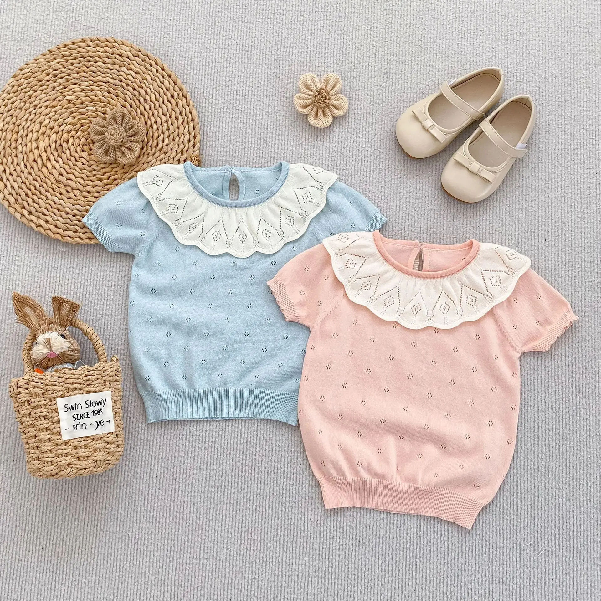 

2026 Summer New Girls Short Sleeve Lace Collar Sweater Children Knit T Shirts Loose Baby Girl Casual Tops Fashion Kids Clothes