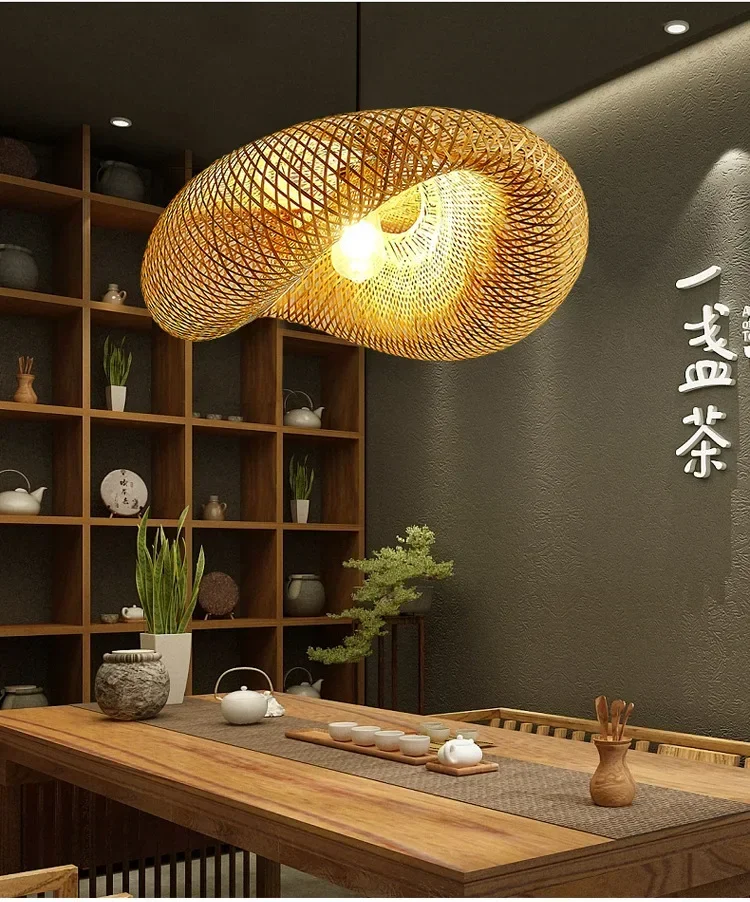 HandMade Bamboo Weaving LED Pendant Lamp Home Decor Hanging Chandelier Lighting Living Room Kitchen Vintage Rattan Woven Light