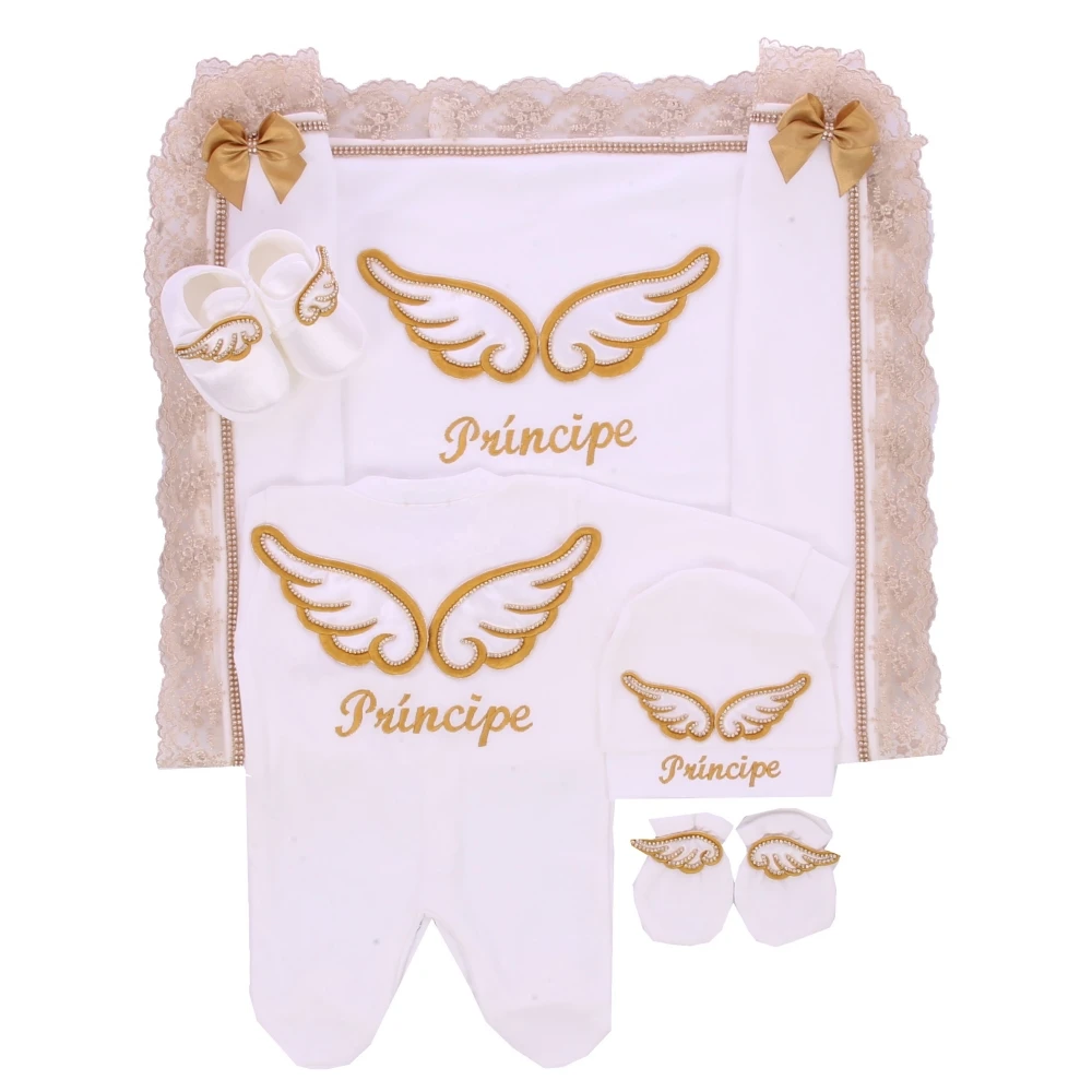 

Royal Prince Theme 5Pcs Newborn Baby Layette Set Gold Lace Trim Angel Wings Footed Romper