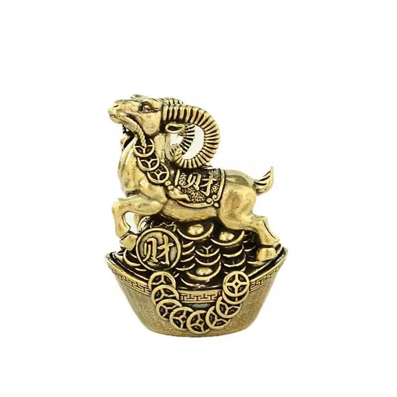 Pure Copper Zodiac Goat Statue with Wealth Ingot Brass Lucky Ornament for Living Room Study Bedroom Desktop Decor