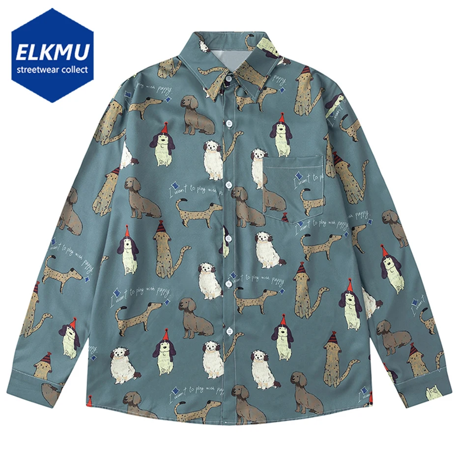 

Рубашки с рисунком собаки, винтажные рубашки в японском стиле Харадзюку, блузка на пуговицах с длинными рукавами, уличная одежда, рубашки большого размера