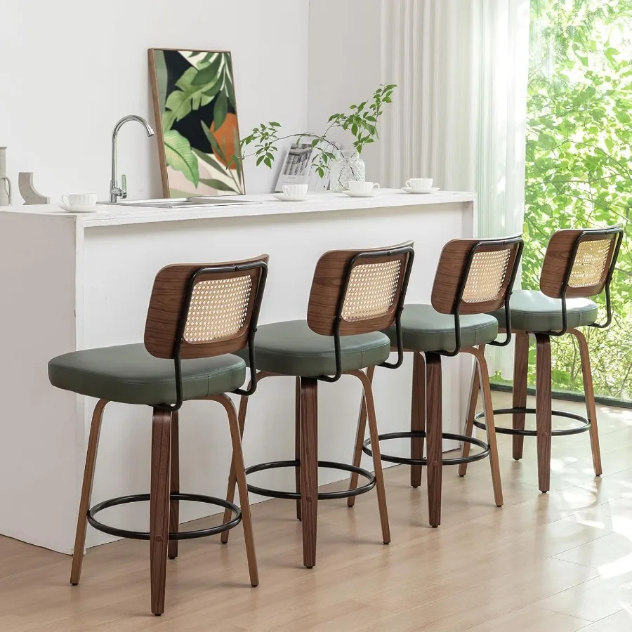 مجموعة من 2 مقاعد بارتفاع عداد 26.4 بوصة مقاعد ارتفاع عداد الروطان مع مقعد خلفي منجد مصنوع من خشب الجوز