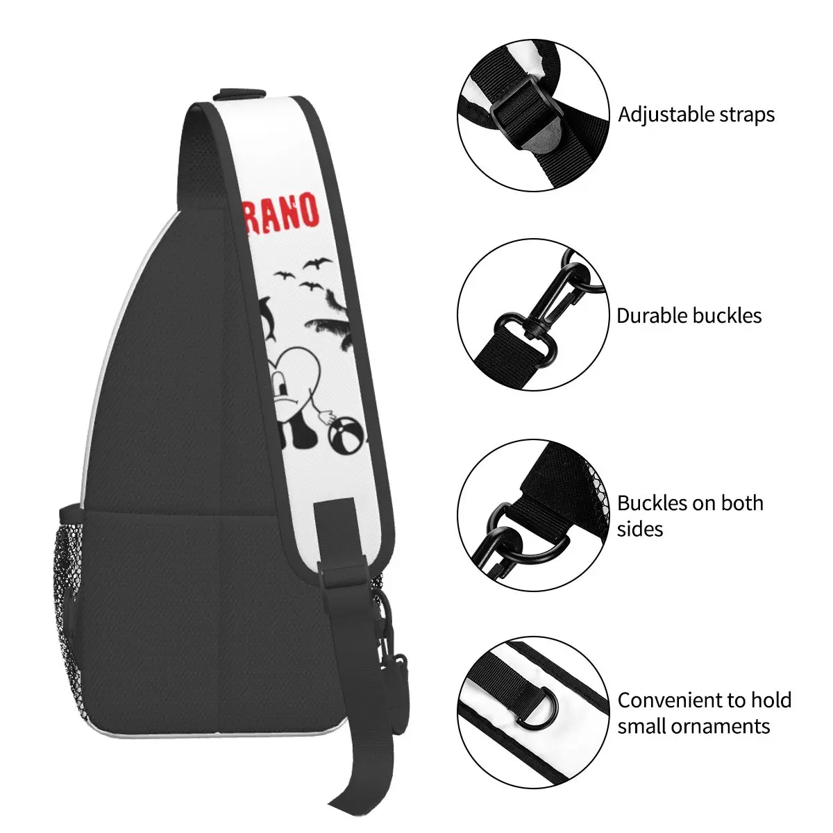 Bad Bunny Crossbody Sling Bag, Mala de Peito Padrão Ruim Mochila de Ombro Música, Mochila para Caminhadas, Viagem, Ciclismo