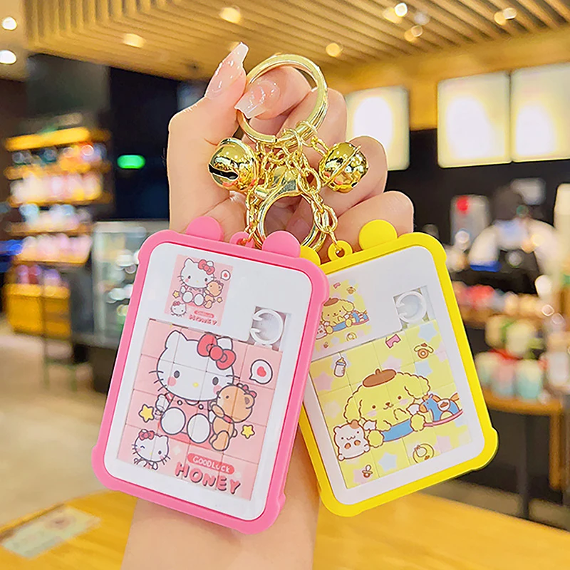 Cute Cartoon Sanrio Magnetic Puzzle Palm Toys With Keychain Creative Anime Sliding Puzzle Keyring School Bag Pendant