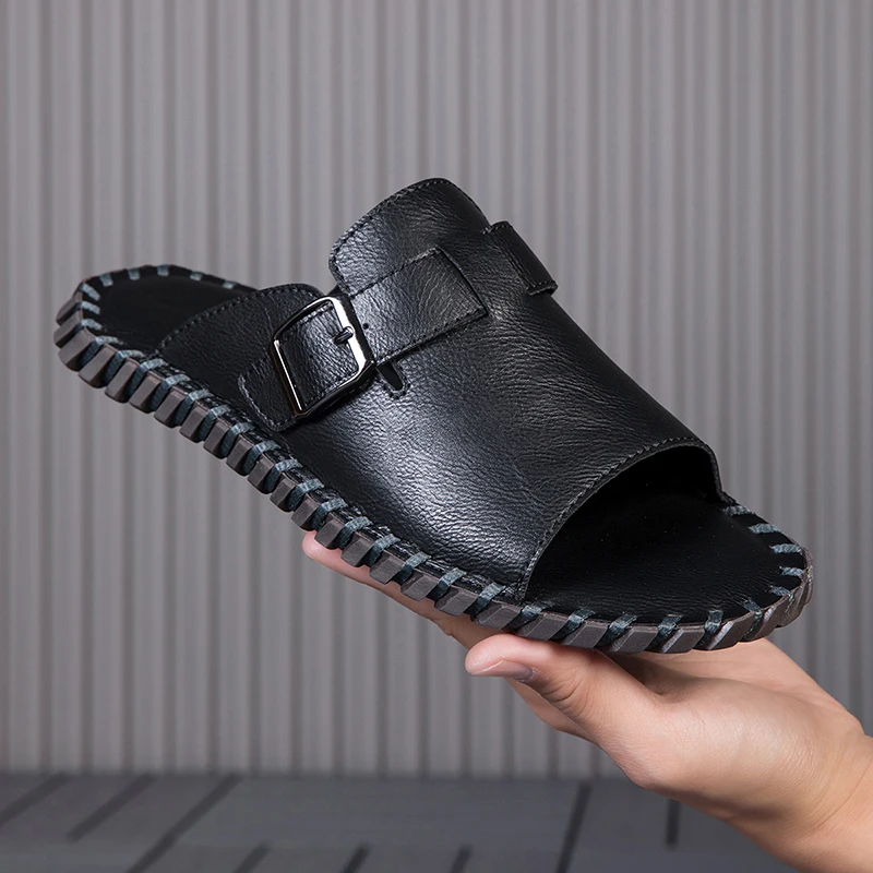 Men's Adjustable Buckle Leather Slide Sandals Hand Stitched Non Slip Open Toe Casual Flat Slip on Slippers for Outdoor Walking