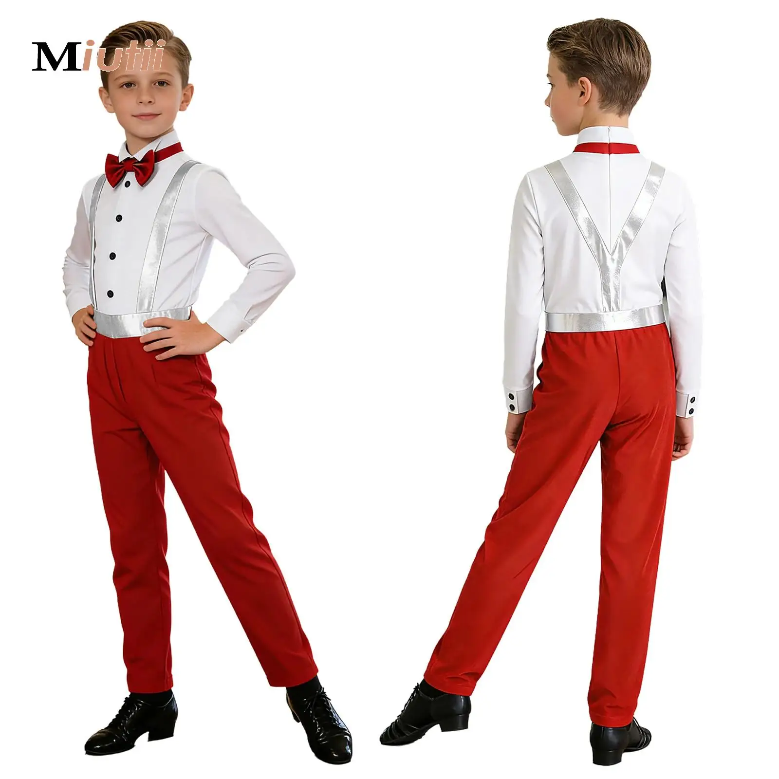 Latin Dance Competition One-Piece Jumpsuit Kid Boys Long Sleeves Bowtie Collared Romper Leotard Bodysuit Modern Ballet Dancewear