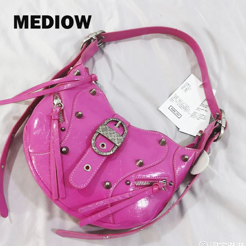 

MEDIOW Biker Bag For Women Luxury Designer Handbags 2023 New In PU Rivet And Zipper Decoration Solid Color Underarm Shoulder Bag