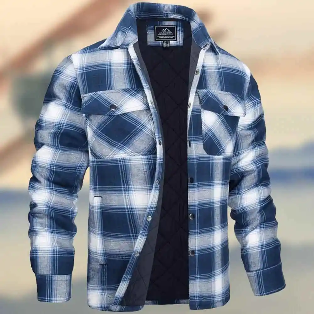 Men's Checkered Thick Shirt Long Swedish Collar Coat Winter Warm Fleece Lined European Style Jacket Striped Patterned Outerwear