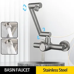 Stainless Steel Foldable Basin Faucet Wall Mounted Bathroom Kitchen Sink Washbasins Cold Hot Water Mixer Tap 360 Degree Swivel