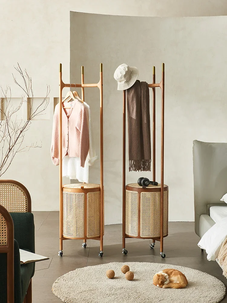 Hanging hanger Floor-to-ceiling bedroom door Solid wood hanger Household ash wood removable dirty clothes basket Rattan