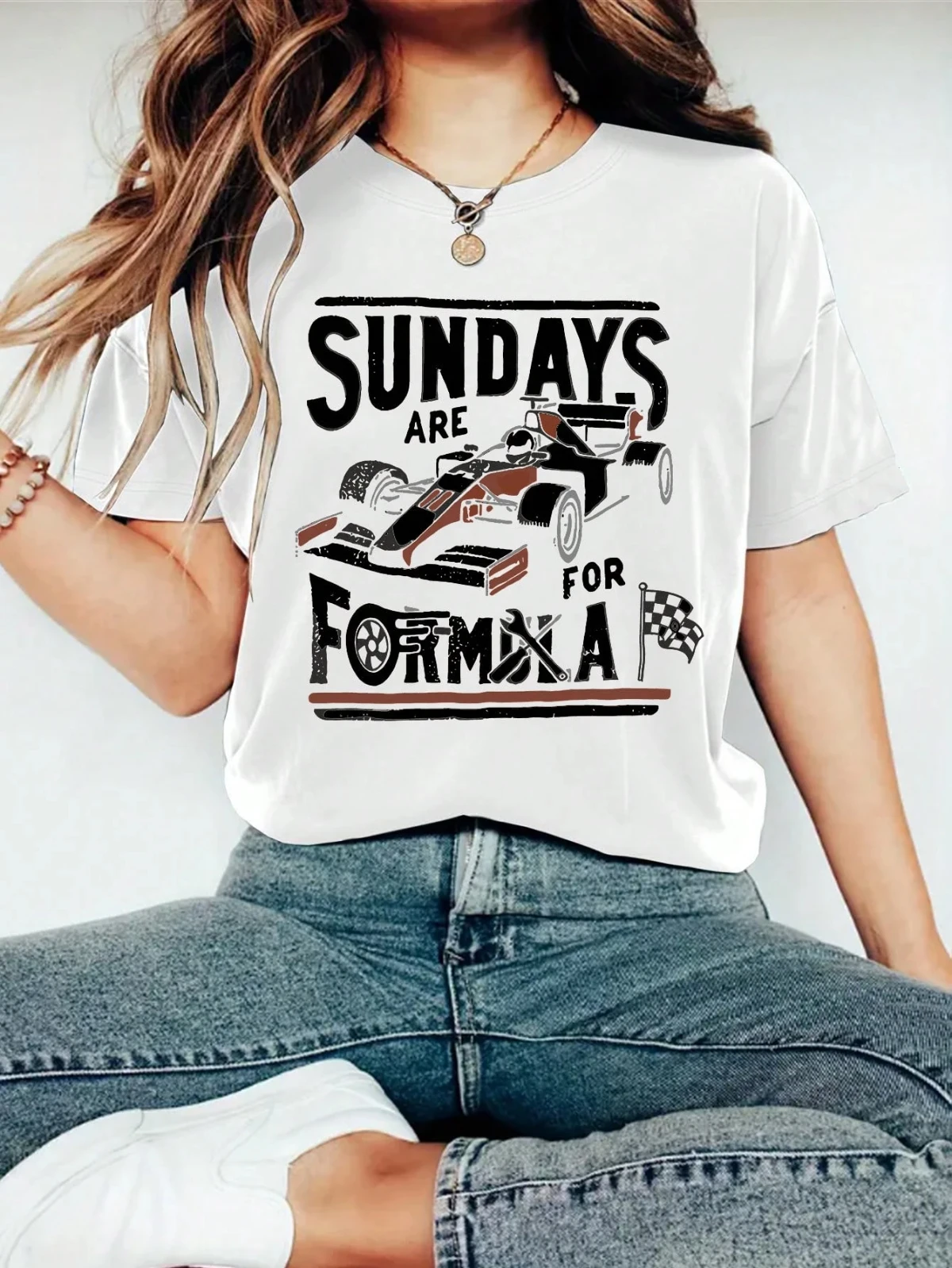 Sunday Racing Enthusiasts Graphic Top Women's Fashion Round Neck Shirt Race Car Pattern Tee Short Sleeve Cotton Female T-Shirt