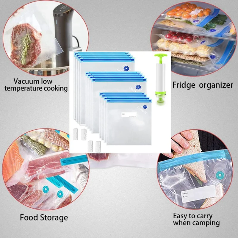 Wieder verwendbare Vakuum-Lebensmittel aufbewahrung beutel mit 40 Packungen, 3 Vakuum-Lebensmittel beutel, 1 Handpumpe, 4 Dichtung clips