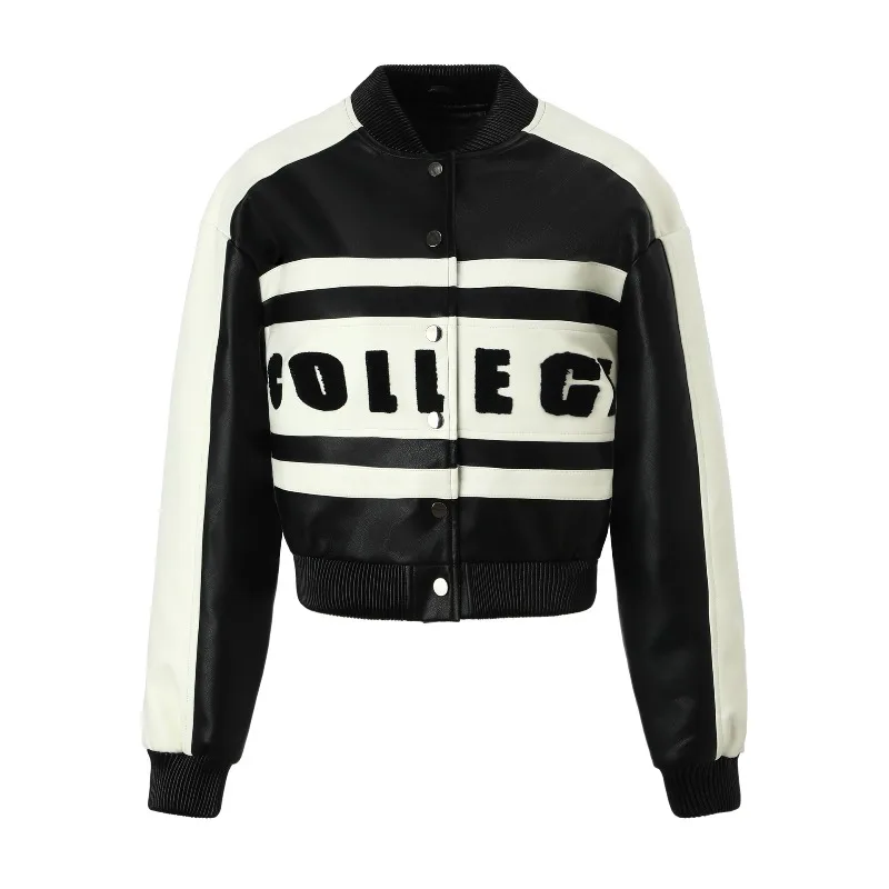 Veste de luxe en cuir PU brodé pour femmes, blouson bombardier contrasté, manteaux courts en cuir pour motard, vêtements d'extérieur de course pour femmes