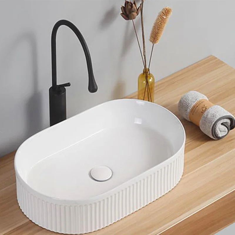 

Bathroom Sink White Ceramic Washbasin Modern Minimalist Stripe Countertop Wash Hand Basin Hotel Toilet Nordic With Tap