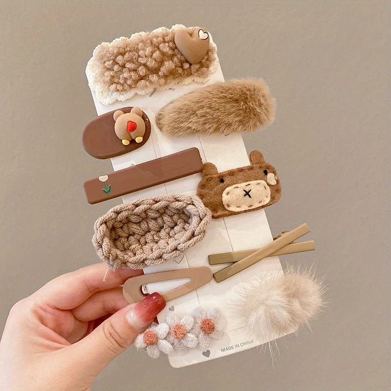 9/10pcs Winter Plush Hair Pin Cute Floral Bow Barrettes for Girls Baby Headwear Girls Kids Hair Accessories Princess Hair Clips