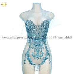 FZD 1 Pcs Cyan Rhinestone Bodice Applique Crystal Applique Crystal Bodice Applique for Wedding Dress Handmade Embroidery Iron On