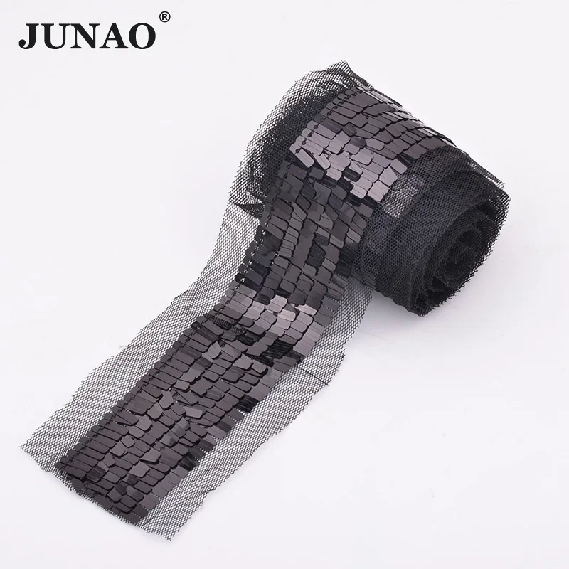 JUNAO 1 Yard 35mm Gitter Black Color Sewing PVC Sequin Ribbon Lace Trim Decoration Paillette Fabric For Scrapbook Crafts