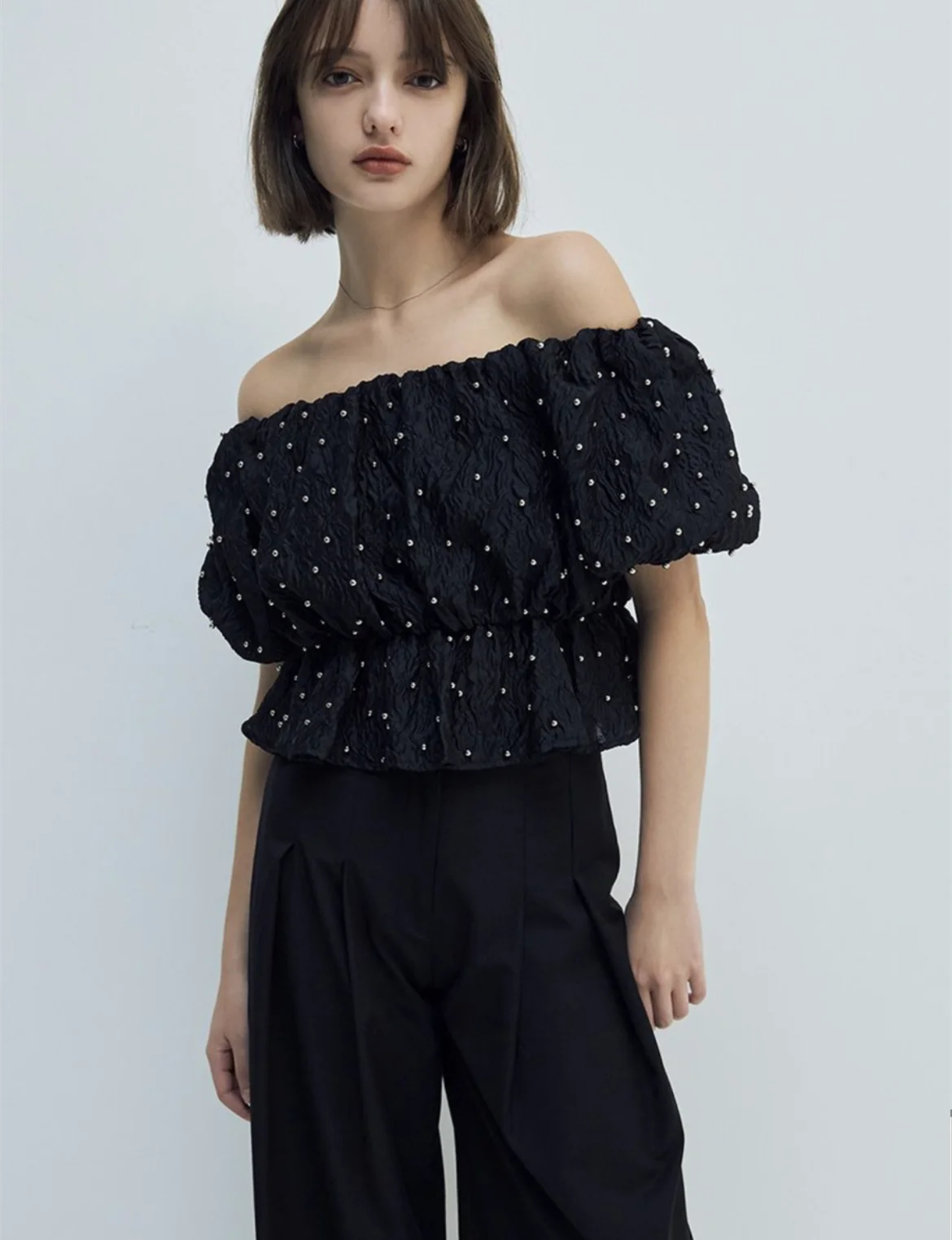 

Sweet Pleated Fabric Pearl Embellied Top Emy 24 New Arrival by Star Field Home Ladies Faion irt Sli Casual Wear