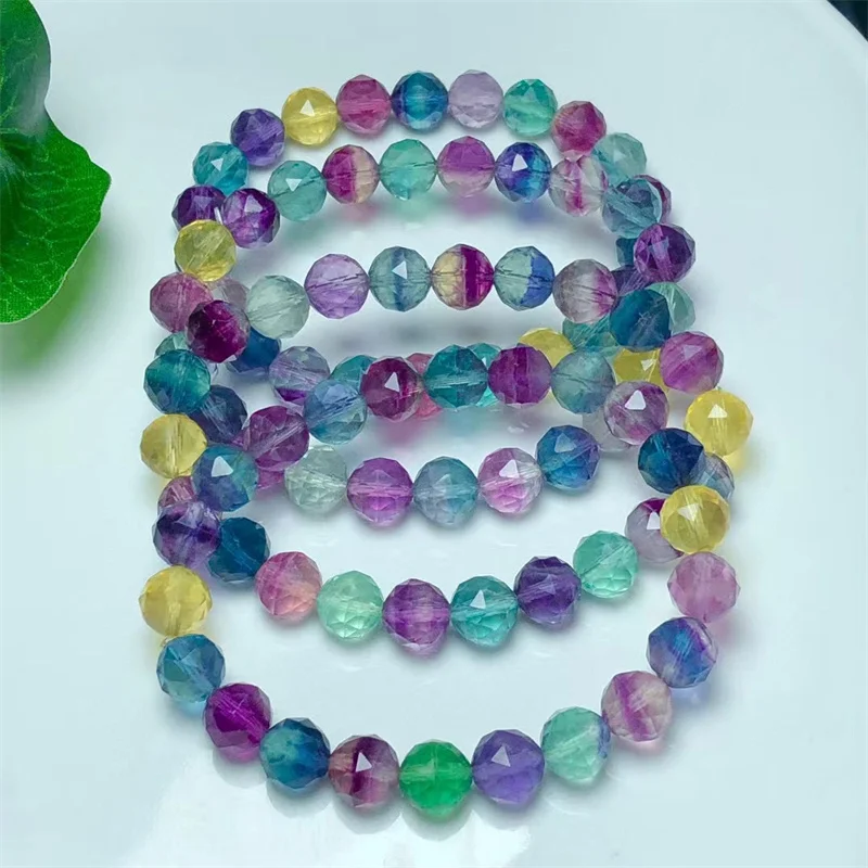 8mm Natural Faceted Fluorite Bracelet Women Fashion Round Stone Elegant Healing Strand Bangles Wristband Gift 1PCS