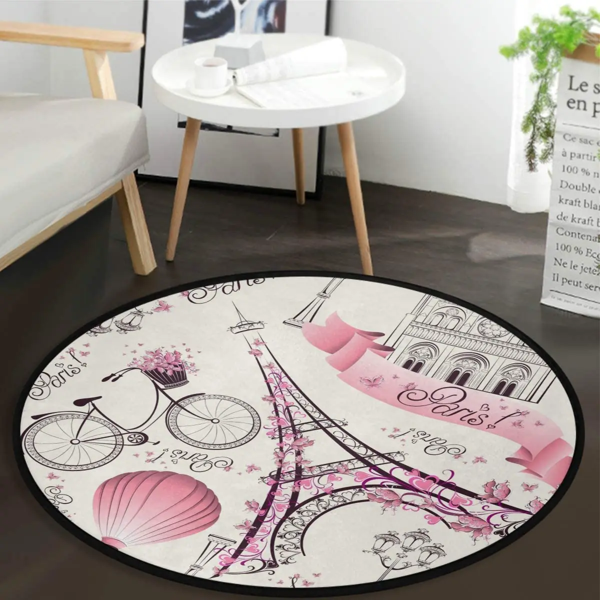 Eiffel Tower Paris France Round Flannel Floor Rugs Bicycle Non Slip Absorbent Carpet For Entryway Bedroom Living Room Home Decor