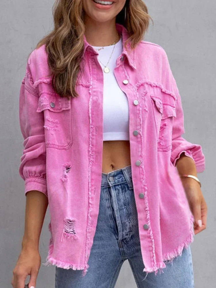 

Womens Denim Jacket New In Rough Selvedge Ripped Jacket Women's Autumn Loose Casual Lapel Coat Y2k Tops Fashion Trendsetters