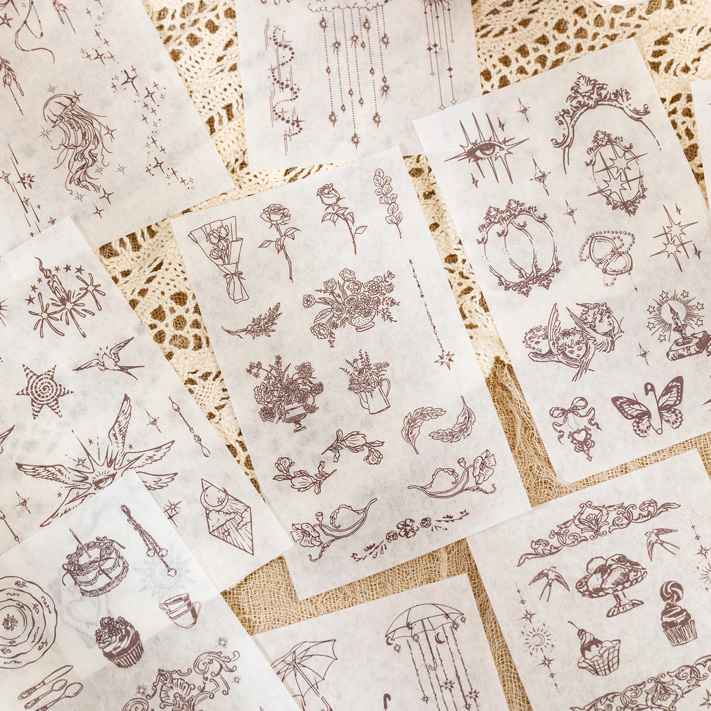 Elegant Retro Outline PET Stickers 20Pcs, Angel Wreath Lace Border Transparent Decals for Notebook Collage Crafts