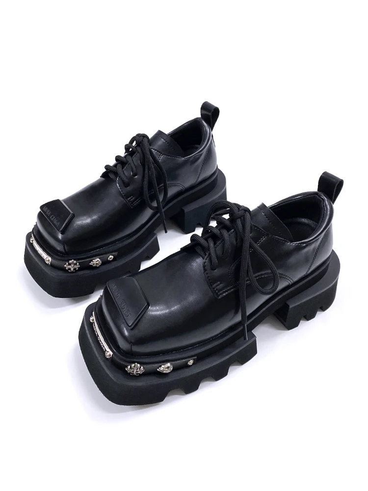 Handmade Design Square Head  Shoes Unisex Autumn Winter Casual Leather Shoes Korean Version Heightening Shoes Fashionabl...