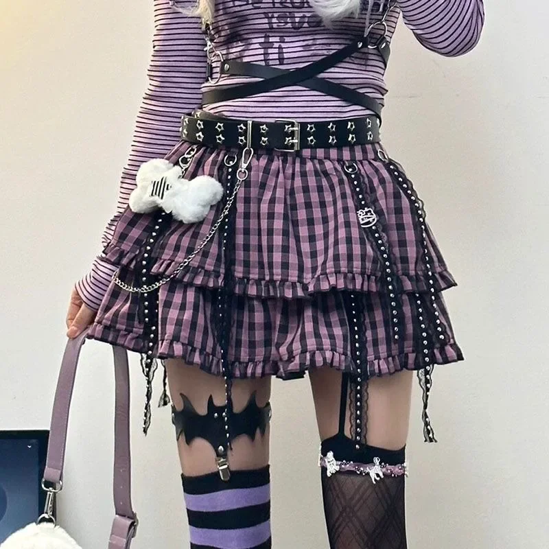 

Japanese Harajuku Plaid Skirt Punk Purple Summer Girls Short Gothic Skirts Kawaii Lolita Subculture 2024 Layered Cake Mini Dress