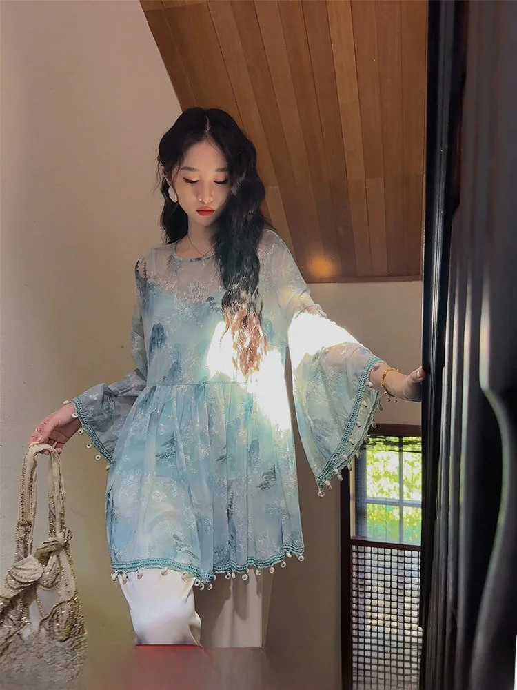 

Sangji Bla Flower Early Autumn New Sle Women's Doll irt National Sle f Transparent Tassel Loose Fit Long Sve