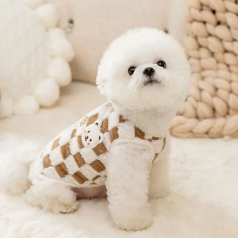 

Puppy Plaid Vest Bear Pulling Fleece Winter Teddy Warm Clothes than Bear Open Button Top Pet Casual Coat Cute Dog Clothes