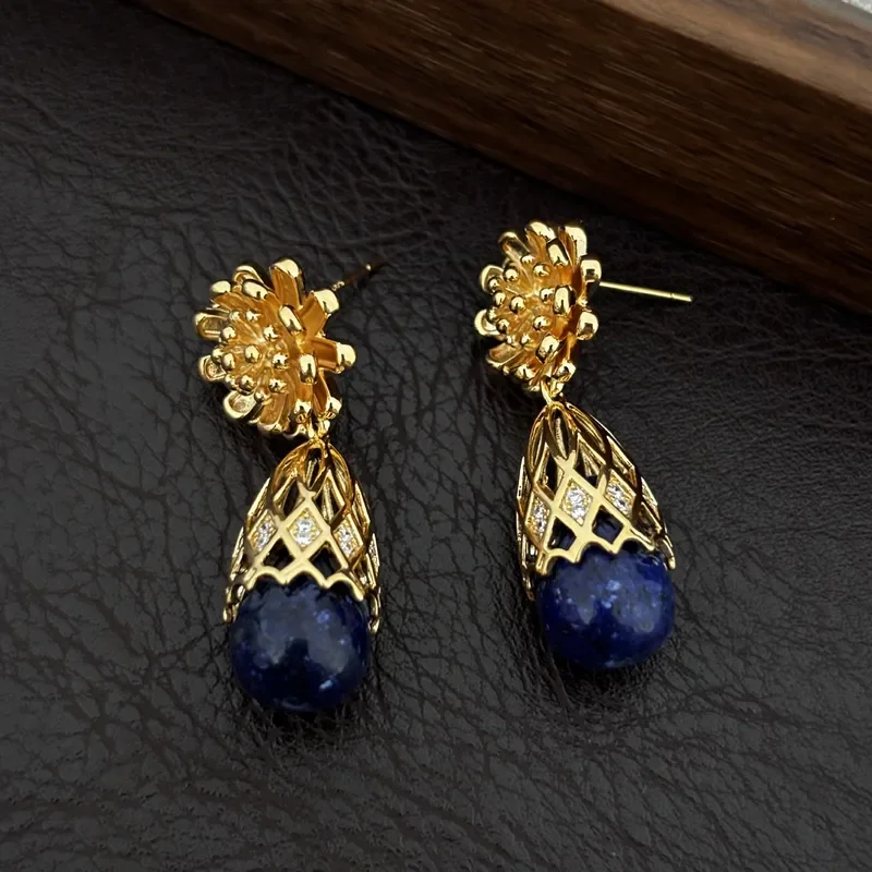 Ancient court style flower hollow long earrings, natural blue stone diamond-set metal flower basket earrings, high-end