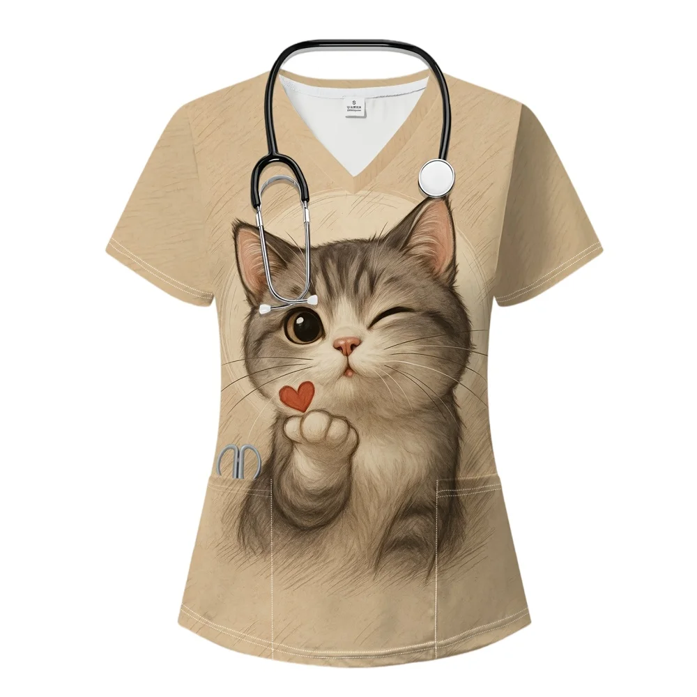 

Nursing Uniforms Woman New Cute Cat Printed Vet Scrubs Woman Fashion V-Neck Short Sleeve with Pockets Clinical Uniforms Woman