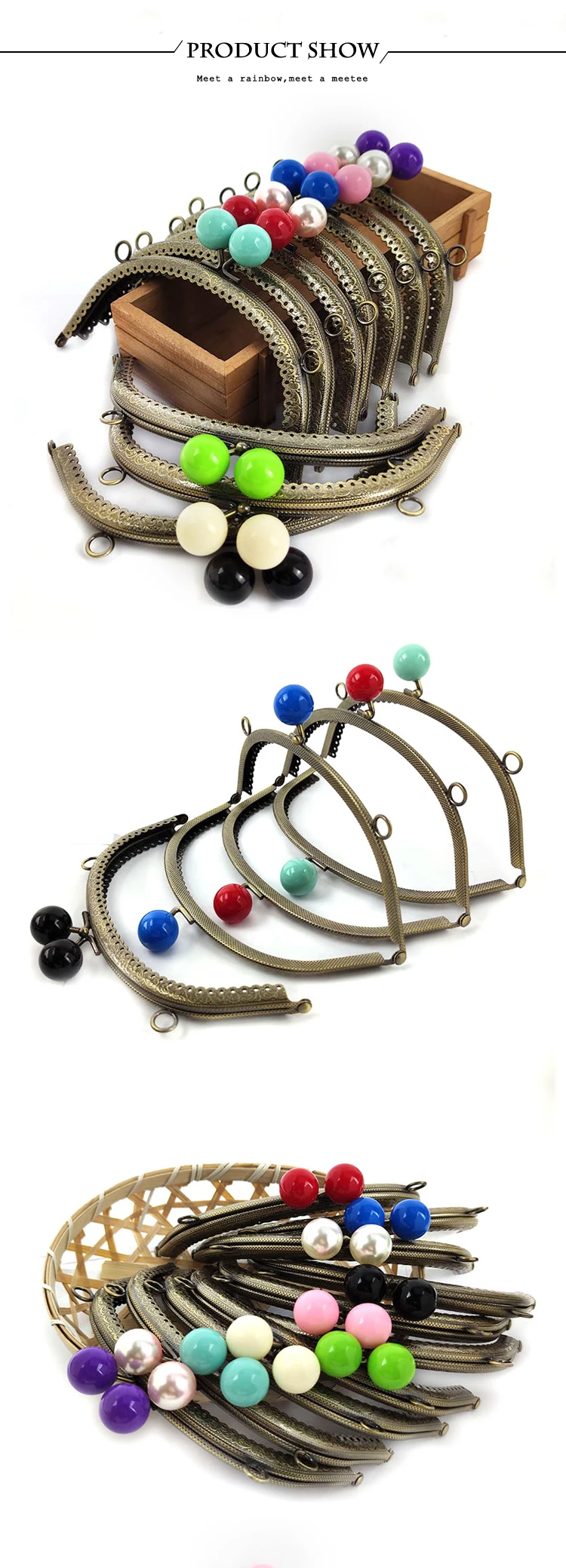 5Pcs Deepeel 16.5cm Colored Bead Metal Bag Handle DIY Handmade Sewing Brackets Kiss Clasp Purse Frame Handles for Making Bags