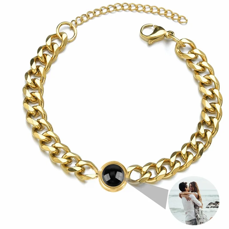 Personalisiertes Foto-Armband mit Bild im Inneren, 100 Sprachen 'Ich Liebe Dich' Projektions-Armband aus Edelstahl