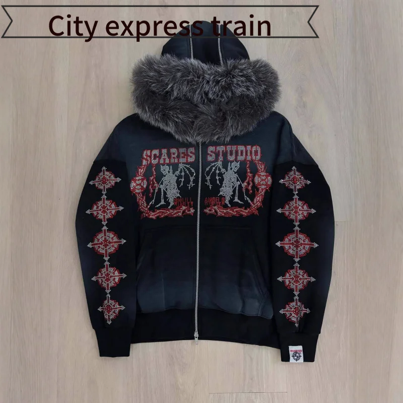 

Loose Casual Long Pants Letter Embroidery Zipper Front Hooded Sweatirt Women's Street Sle Coat with Fur Collar