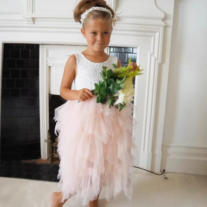 New Summer Kids Girl Princess Dress Sleeveless Lace Open Back Ruffle Tulle Tutu Children Wedding Party Formal Dresses A0001-1 image 4