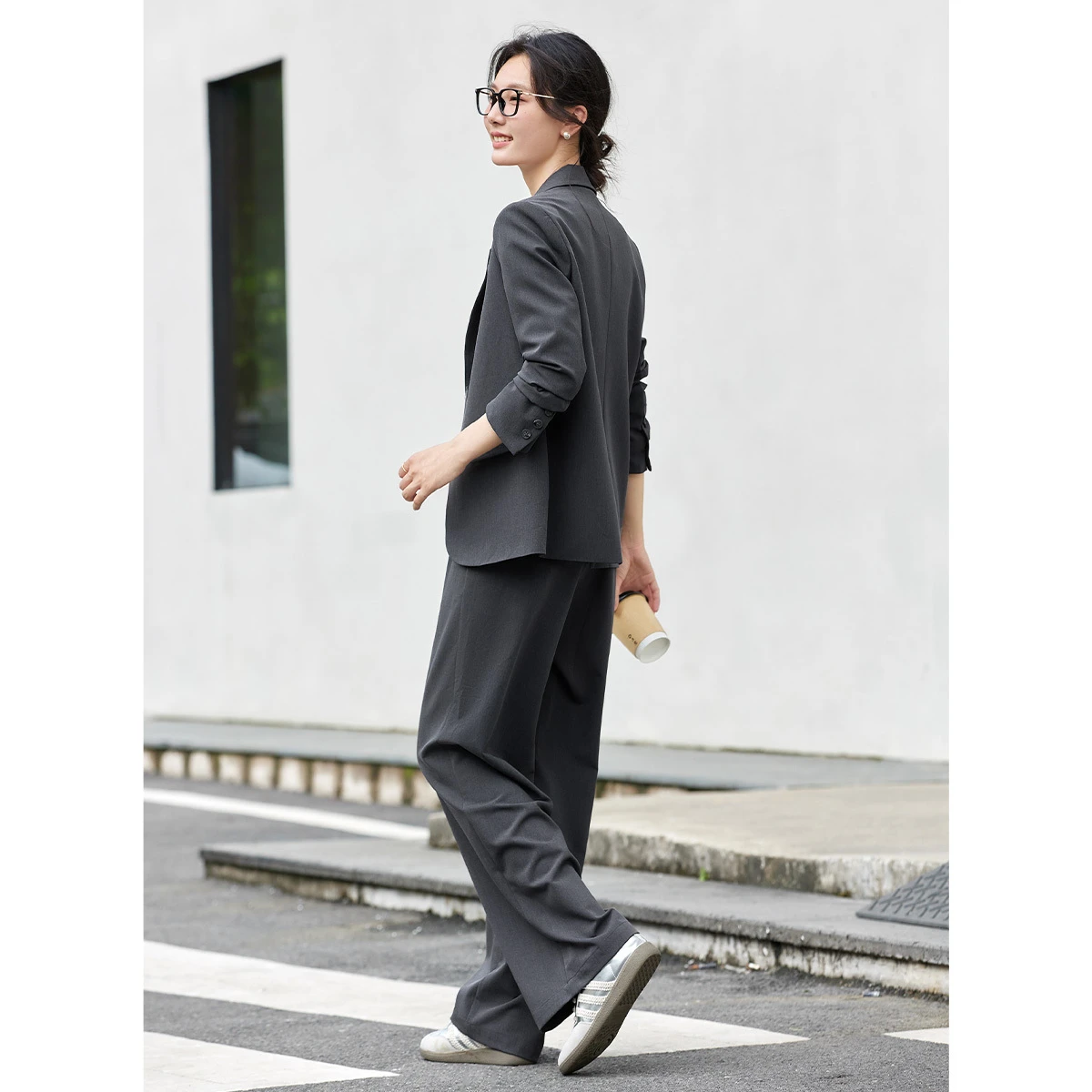 VIMLY Women's Old Money Grey Suit Two-piece Set 2026 Autumn New Casual Blazer Long Wide-leg Baggy Pants Matching Outfit A2208